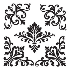Set of vintage floral design elements with ornamental leaves and swirls
