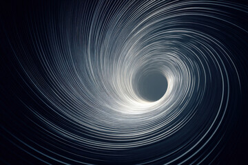 Abstract digital vortex of white lines on dark grey background with dynamic depth