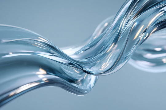 Abstract liquid glass ribbons flowing with blue and silver hues in dynamic motion