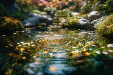 Fototapeta premium Macro close-up of autumn leaf creating circular ripple on clear pond surface