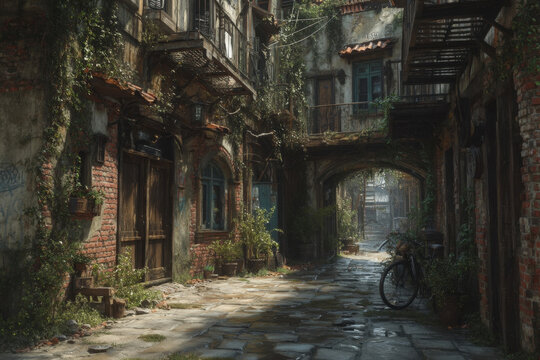 Low-angle view of narrow old brick alley with vines, fire escape, and sunlight shadows