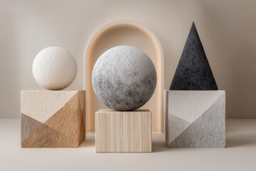 Minimalist beige room with wooden cubes and sand-textured geometric sculptures