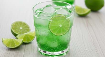 Fototapeta premium Refreshing Lime Drink with Ice Cubes - Icy lime beverage, perfect for summer refreshment. Symbolizing: coolness, hydration, zest, vitality, and natural goodness