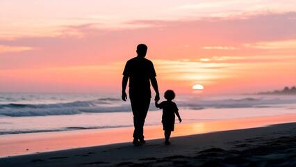 Father and young son walk hand in hand on serene beach silhouetted against vibrant sunset sky light