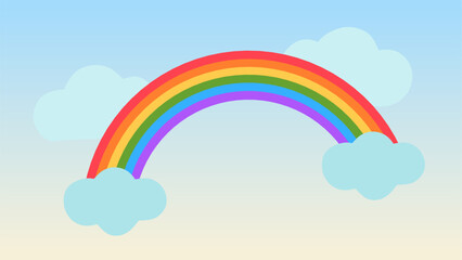 Colorful flat-style rainbow arcing over soft blue clouds on a pastel gradient sky. Minimalist and cute design, perfect for kids themes, weather icons, or cheerful illustrations.