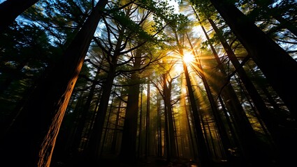 Golden hour in a dense forest, sunbeams filtering through towering trees