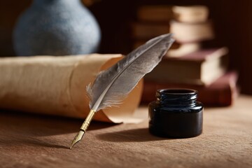 Classic feather quill, ink pot and parchment scroll on antique desk surrounded by old books