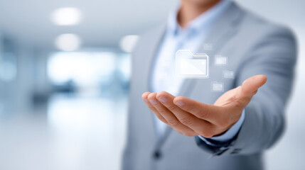 Businessman in suit holds holographic data storage icons in his hand, symbolizing modern technology and digital innovation in blurred office setting