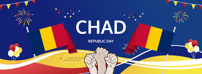 Chad Republic Day modern greeting banner. 28 November Happy Chad National Day. Festive horizontal background with flag colors, great for carnival poster, celebrations, holidays flash sale