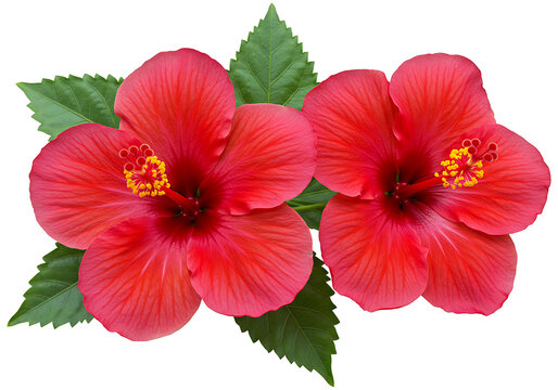 Bright Red Hibiscus Flower with Green Leaves Isolated on Transparent Background &ndash; Tropical Floral Design