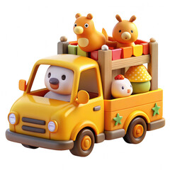 Cute cartoon truck with animals isolated on transparent background