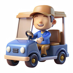 Smiling cartoon boy driving golf cart isolated on transparent background