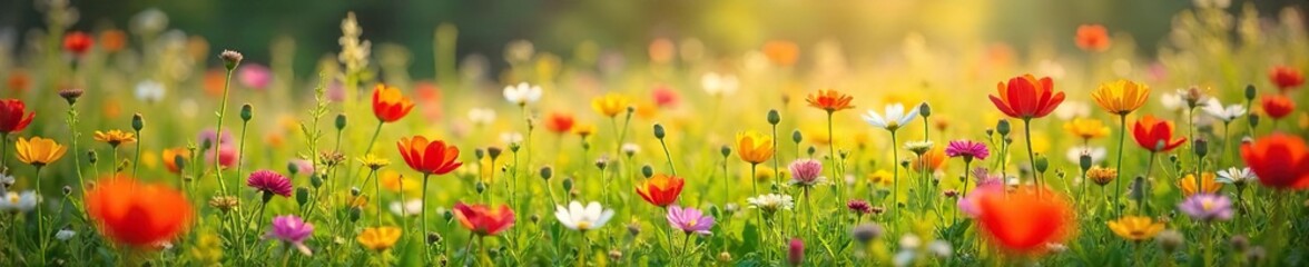 Obraz premium Vibrant wildflowers bloom in a sun-drenched meadow, creating a breathtaking tapestry of color and texture Perfect for nature, spring, and floral themes , field, blooming