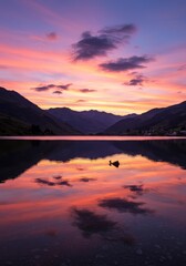 Fototapeta premium Serene Sunset Lake Landscape - Peaceful mountain lake reflecting a vibrant sunset sky. Symbolizing tranquility, serenity, nature's beauty, reflection, and hope