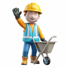 Cartoon construction worker with wheelbarrow isolated on transparent background