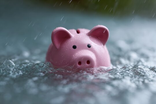 Pink piggy bank partially submerged in rainwater, representing financial distress, debt, and economic hardship