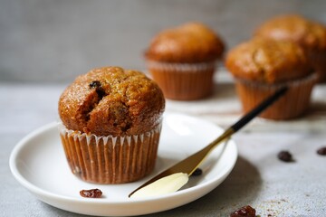 Raisin bran muffins - healthy eating concept, selective focus