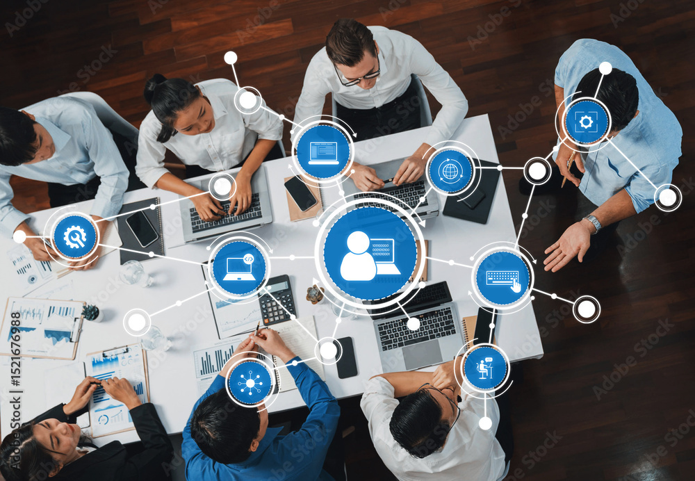 Aufkleber A dynamic business meeting showcases diverse professionals collaborating around laptops, with a technology interface overlay symbolizing innovation and digital solutions. Amity