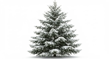 Snow Covered Fir Tree Isolated on White  - A majestic snow-laden fir tree stands alone against a pristine white background, symbolizing winter, serenity, nature, celebration, and the holiday season