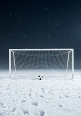 Snowy Soccer Goal - A soccer ball sits alone in front of a goal on a snowy field under a night sky
