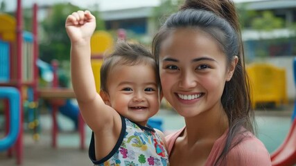 Phillipino young smiling woman and little child on playground background, asian baby, mom, mother, kid, nanny, walk in park, family - Powered by Adobe