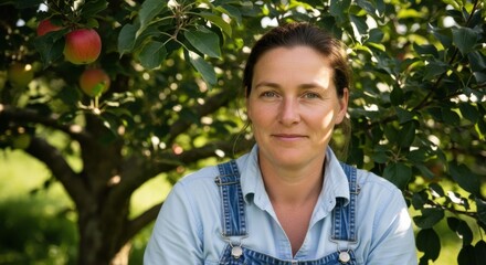 Woman standing in an apple orchard surrounded by ripe apples and green foliage on a sunny day