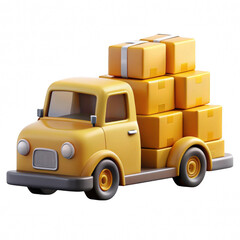 Cartoon yellow delivery truck with boxes isolated on transparent background