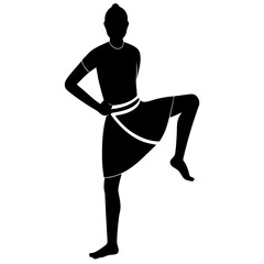Single silhouette lifting one leg while adjusting asian lungi on white background
