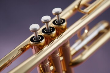 Fototapeta premium Artistic close-up of trumpet focusing on golden valves, ideal for music, brass instruments, or concert themes