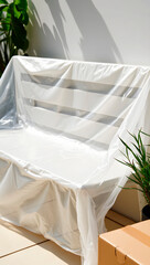 Plastic sheeting covering furniture on a bench in a bright room  