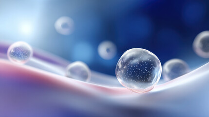 Translucent spheres float gracefully over soft, wavy surface, evoking sense of calm and renewal. gradient background enhances ethereal atmosphere