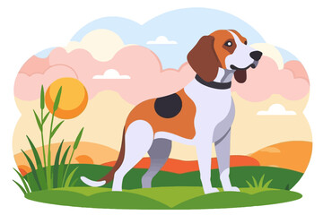 Cartoon Dog Illustration-Standing Beagle with Sunset Landscape-Cute Pet Clipart for Animal Lovers-Download Vector Graphics for Your Projects-Ideal for Kids Content