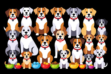 Obraz premium Cartoon Dog Breeds Illustration-Adorable Puppy Collection with Food Bowls-Cute Dog Character Designs-Dog Breed Variety-Pet Graphics for Dog Lovers