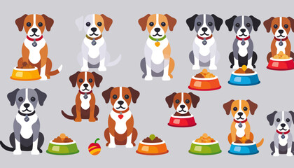 Obraz premium Cartoon Dogs with Food Bowls Illustration - Adorable Puppies with Stylish Collars - Perfect for Pet Lovers and Animated Designs