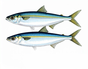 Fototapeta premium Two vibrant skipjack shads with shimmering blue backs and golden side stripes, illustrated in detailed realism