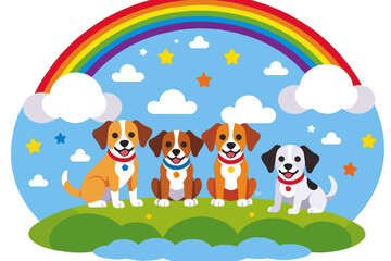 Obraz premium Cartoon Dogs Under Rainbow Illustration-Cute Puppies with Stars and Clouds-Colorful Vector Art for Children and Dog Lovers