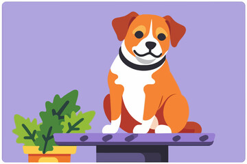 Fototapeta premium Cute Cartoon Dog Illustration - Adorable Puppy with Collar on Table - Whimsical Dog Graphic with Plant - Perfect for Pet Lovers and Children's Content