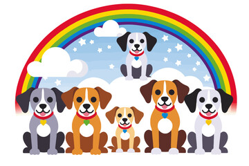 Obraz premium Cute Cartoon Dogs with Rainbow Background - Colorful Puppy Illustration for Kids - Adorable Dog Vector Art with Hearts and Stars - Perfect for Children's Designs