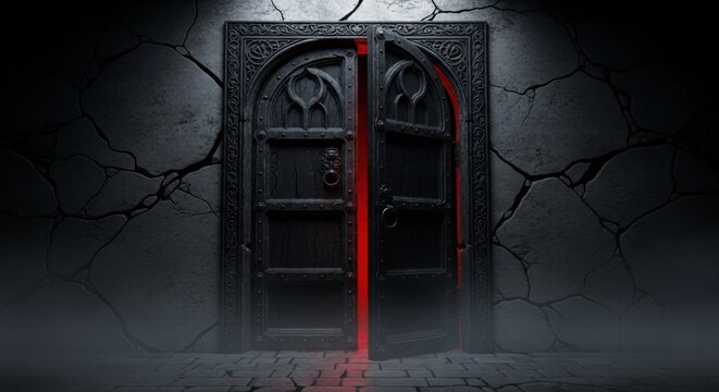 Mysterious ancient black door cracked open with glowing red light in dark stone wall