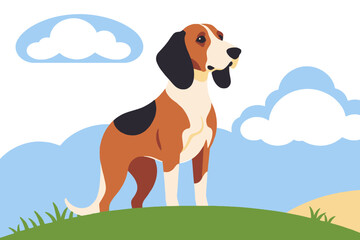 Cute Hound Dog Cartoon Illustration-Standing Proudly on a Green Hill-Adorable Pet with Black Ears and Brown Markings under a Blue Sky
