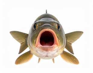 Front view of a surprised fish with its mouth wide open and fins extended, captured on a white background