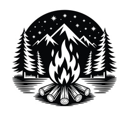 Campfire vector, Night Forest Scene with Campfire, Monochrome Vector Logo
