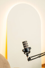 Engaging podcast setup with microphone and headphones ready for recording