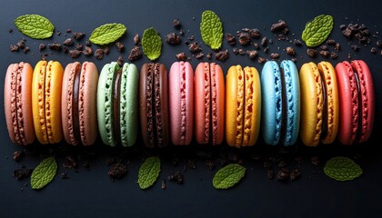 Assorted macarons with filling sit on a dark surface with mint leaves. Use for blog posts, advertisements, or social media dessert themes.