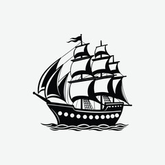 Download a high-quality silhouette illustration of a classic sailing ship, perfect for vintage nautical designs, maritime-themed artwork, tattoos, logos, and historical concept visuals.