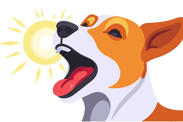 Fototapeta premium Dog Barking at the Sun-Funny Cartoon Illustration of a Dog Howling-Cute Pet Illustration-Orange and White Dog Art-Animal Character Design-Bright Yellow Sun Graphic