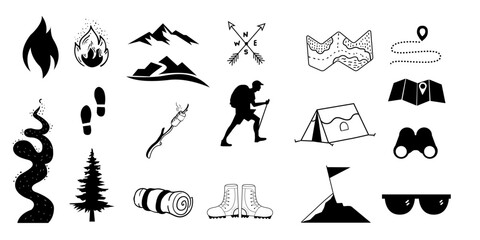 Hiking Design set,Hiking icon and illustration collection, Hand drawn design element,mountain trail,peak, camping ,outdoor,night camp activity.