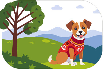 Obraz premium Cute Dog Illustration in a Red Sweater - Cartoon Dog in Nature Landscape - Smiling Puppy with Winter Clothing Vector Design