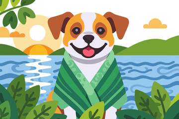 Cute Dog Illustration with Towel - Smiling Pup Near Lake at Sunset - Happy Cartoon Animal Vector Art for Kids- Friendly Canine Drawing