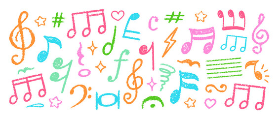 Crayon Musical Notes Vector Set. Chalk Scribble Music Symbol Shapes Collection. Pastel Colors Hand Drawn Brush Texture Treble Clefs. Pencil Emphasis Elements Charcoal Doodle Audio Icons Bundle